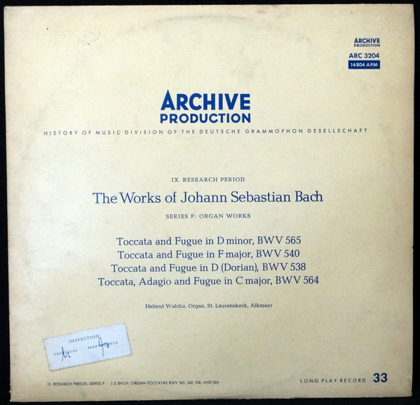 Johann Sebastian Bach - Helmut Walcha - Organ Works: BWV 565, 540, 538, 564 | Archive Production (ARC 3204)