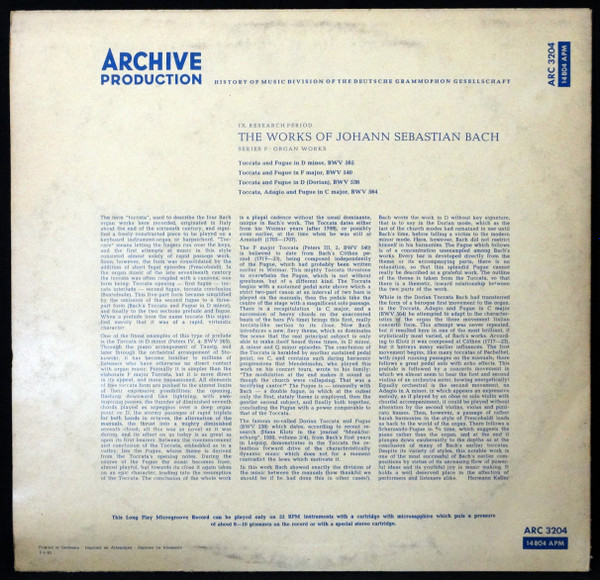 Johann Sebastian Bach - Helmut Walcha - Organ Works: BWV 565, 540, 538, 564 | Archive Production (ARC 3204) - 2