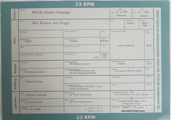 Johann Sebastian Bach , Helmut Walcha - Die Kunst Der Fuge - BWV 1080 | Archiv Produktion (14077/78) - 4