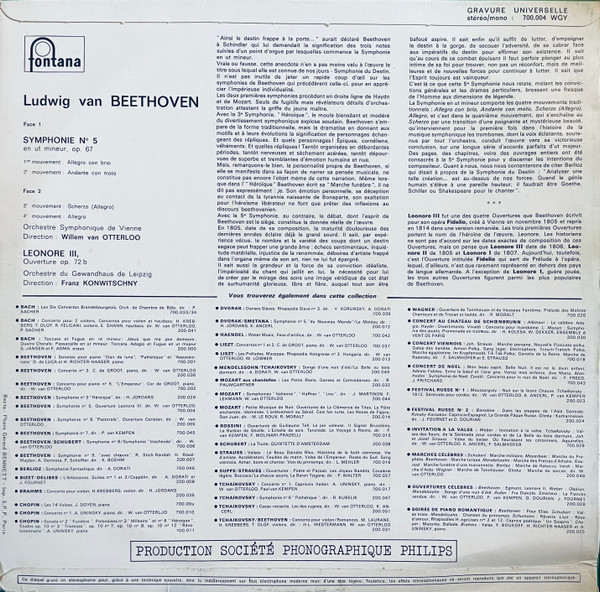 Ludwig van Beethoven - Wiener Symphoniker , Dir.: Willem Van Otterloo , Gewandhausorchester Leipzig , Dir.: Franz Konwitschny - Symphonie Nº 5 "Du Destin" / Ouverture Leonore III | Fontana (700.004 WGY) - 2