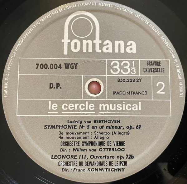 Ludwig van Beethoven - Wiener Symphoniker , Dir.: Willem Van Otterloo , Gewandhausorchester Leipzig , Dir.: Franz Konwitschny - Symphonie Nº 5 "Du Destin" / Ouverture Leonore III | Fontana (700.004 WGY) - 4