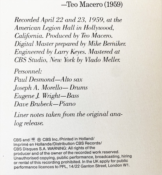 The Dave Brubeck Quartet - Gone With The Wind | CBS (CBS 450984 1) - 3