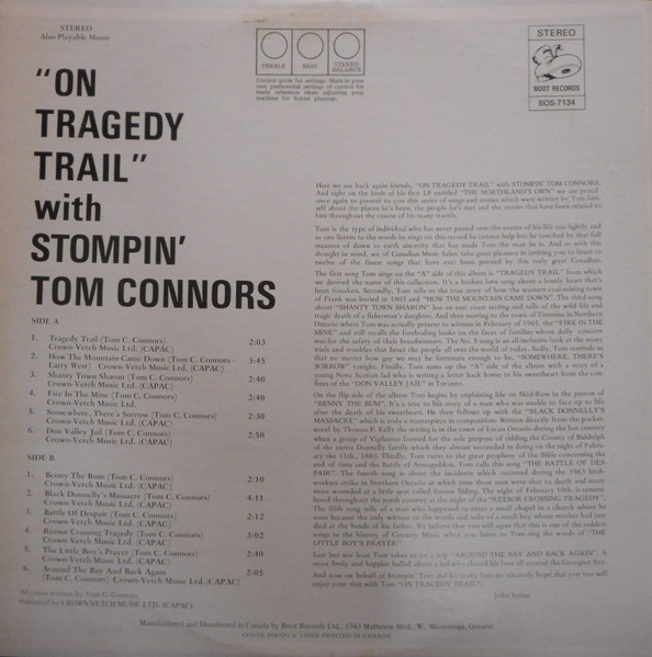 Stompin' Tom Connors - On Tragedy Trail With Tom Connors | Boot Records (BOS-7134, BOS. 7134) - 2