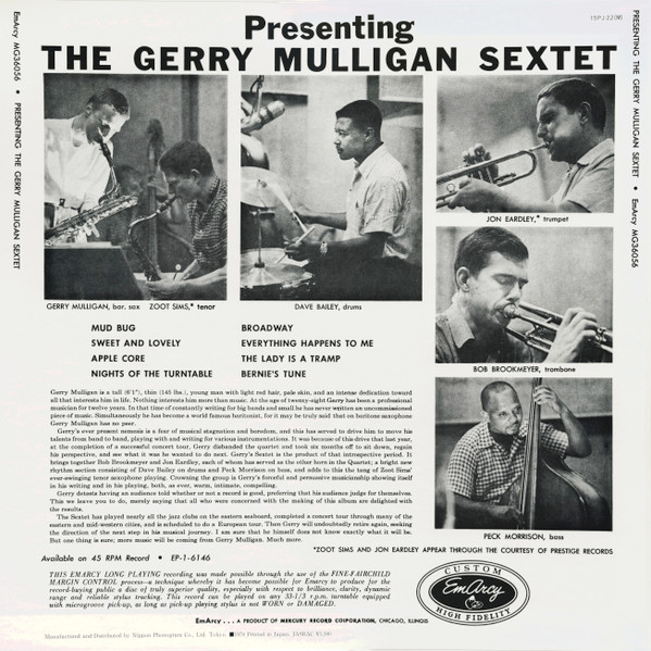 Gerry Mulligan And His Sextet - Presenting The Gerry Mulligan Sextet | EmArcy (15PJ-22(M)) - 2