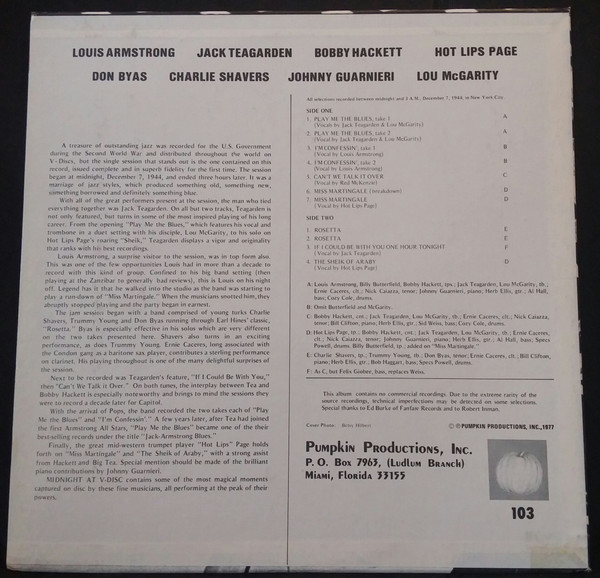 Louis Armstrong * Jack Teagarden And The V-Disc All Stars - Midnight At V-Disc | Pumpkin Productions (103) - 2 Louis Armstrong * Jack Teagarden And The V-Disc All Stars - Midnight At V-Disc | Pumpkin Productions (103) - 2