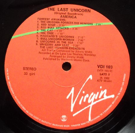 America - The Last Unicorn (Original Soundtrack) | Virgin (VDI 103) - 4