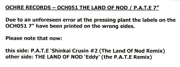 The Land Of Nod / P.A.T.E. - Eddy (The P.A.T.E. Remix) / Shinkai Crusin #2 (The Land Of Nod Remix) | Ochre Records (OCH051)