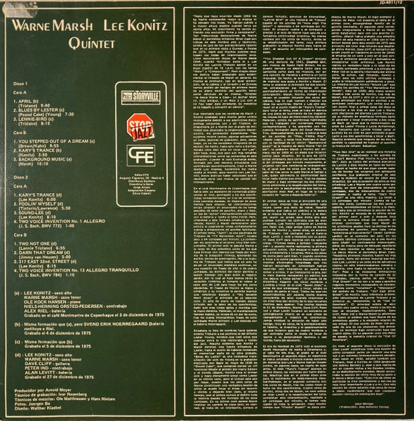 Warne Marsh Lee Konitz Quintet - Live At The Montmartre Club | Storyville (JD-4011/12) - 2