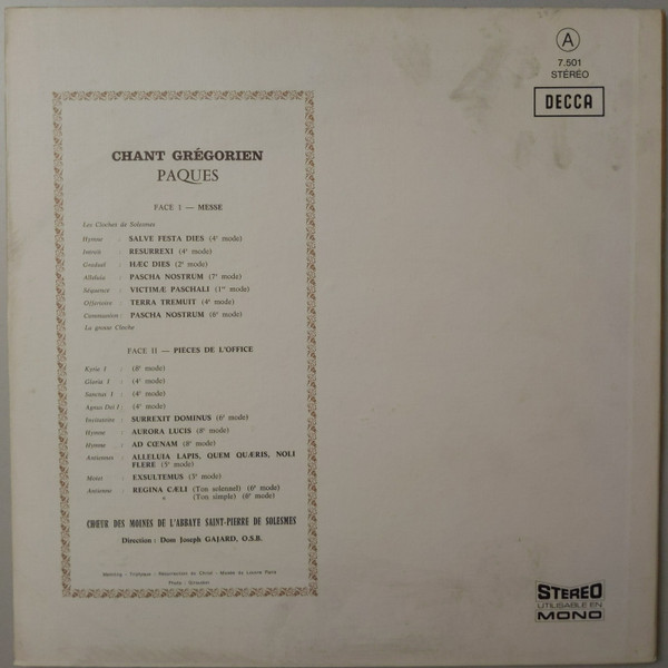 Chœur Des Moines De L'Abbaye Saint-Pierre De Solesmes , Dom Joseph Gajard - Chant Grégorien - Pâques - La Messe - Quelques Pièces De L'Office | Decca (7.501) - 2