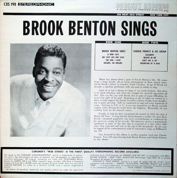 Brook Benton , Charlie Francis - Brook Benton Sings (also Charlie Francis) | Coronet Records (CXS 198) - 2