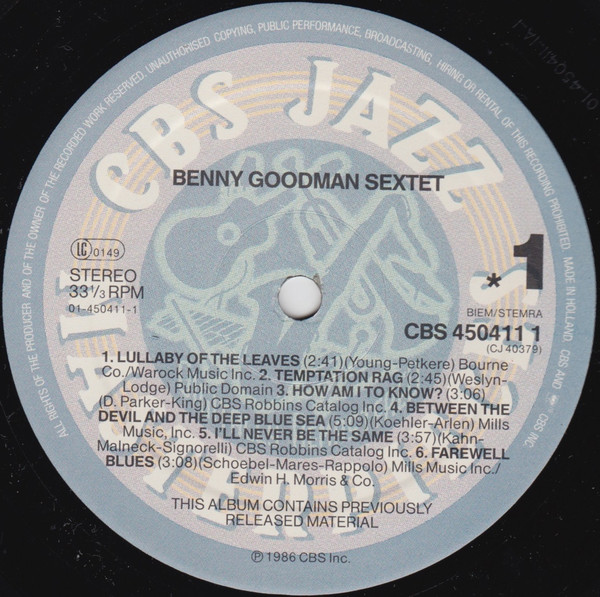 Benny Goodman Sextet - Benny Goodman Sextet | CBS (CBS 450411 1) - 3 Benny Goodman Sextet - Benny Goodman Sextet | CBS (CBS 450411 1) - 3