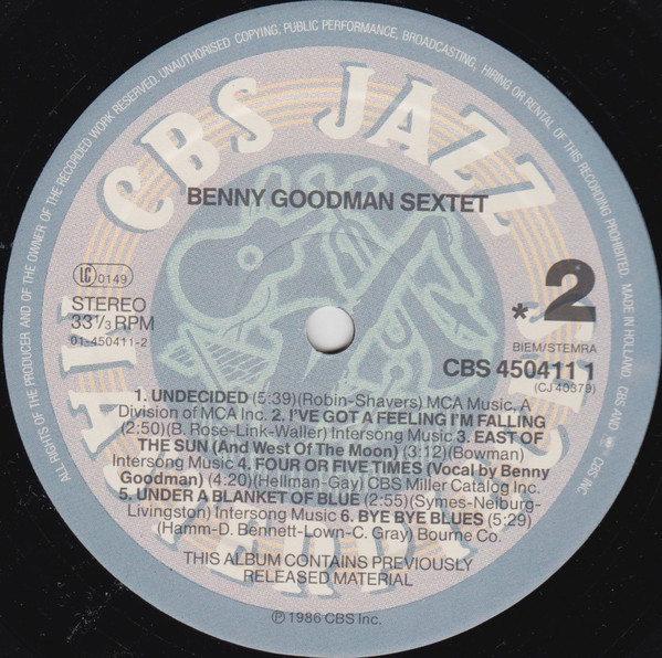 Benny Goodman Sextet - Benny Goodman Sextet | CBS (CBS 450411 1) - 4 Benny Goodman Sextet - Benny Goodman Sextet | CBS (CBS 450411 1) - 4