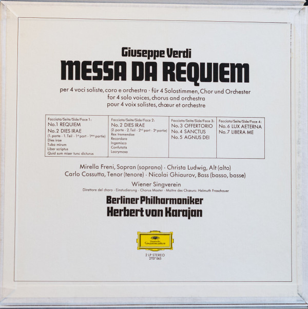 Giuseppe Verdi , Herbert Von Karajan , Berliner Philharmoniker , Mirella Freni , Christa Ludwig , Carlo Cossutta , Nicolai Ghiaurov , Wiener Singverein - Messa Da Requiem | Deutsche Grammophon (2707 065) Giuseppe Verdi , Herbert Von Karajan , Berliner Philharmoniker , Mirella Freni , Christa Ludwig , Carlo Cossutta , Nicolai Ghiaurov , Wiener Singverein - Messa Da Requiem | Deutsche Grammophon (2707 065)