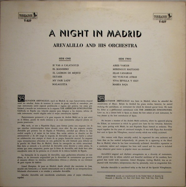Salvador Arevalillo , Arevalillo Y Su Orquesta - A Night In Madrid | Toreador (T-527) - 2