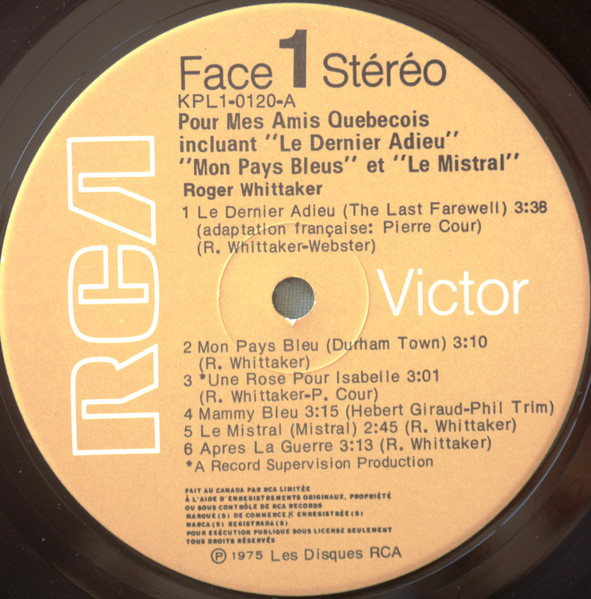 Roger Whittaker - Pour Mes Amis Québécois [Vinyl] | RCA Victor (KPL-1-0120) - 3