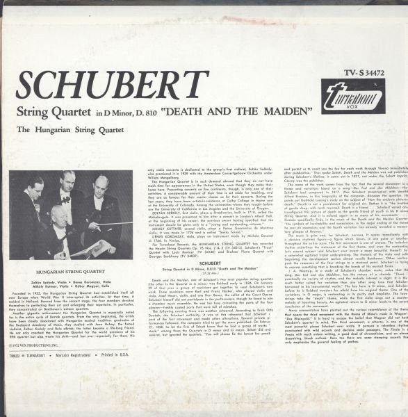 Franz Schubert , The Hungarian Quartet - String Quartet In D Minor, D. 180 "Death And The Maiden" | Turnabout (TV-S 34472) - 2