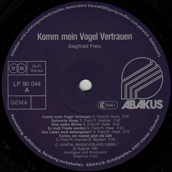 Siegfried Fietz - Komm Mein Vogel Vertrauen | Abakus (90 044) - 3