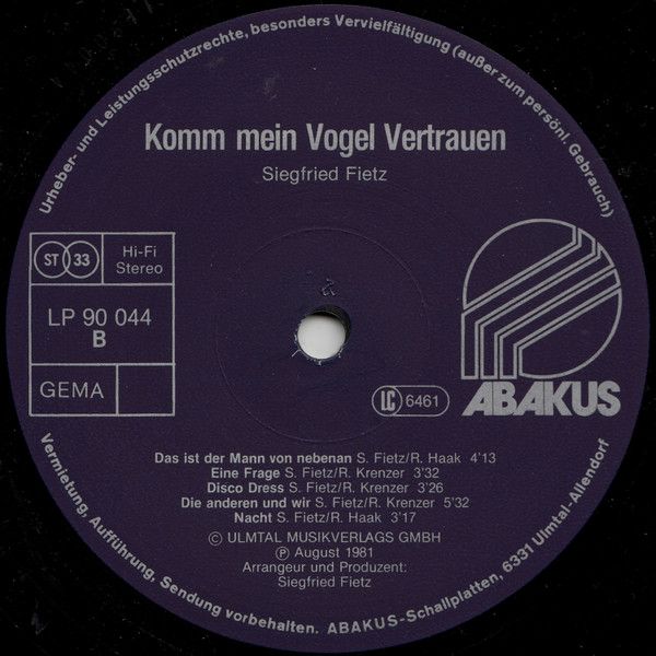 Siegfried Fietz - Komm Mein Vogel Vertrauen | Abakus (90 044) - 4