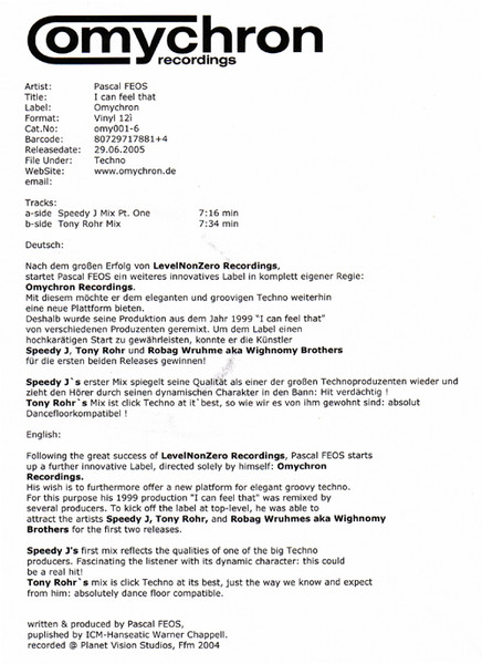 Pascal F.E.O.S. - I Can Feel That | Omychron (OMY01) Pascal F.E.O.S. - I Can Feel That | Omychron (OMY01)