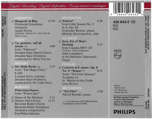 Various - Für Elise - Rhapsody In Blue - Jesu, Joy Of Man's Desiring - Jesus Bleibet Meine Freude - Winter From/Aus Le Quattro Stagioni - "Va Pensere" From/Aus Nabucco And Other Works | Philips (420 643-2) - 2