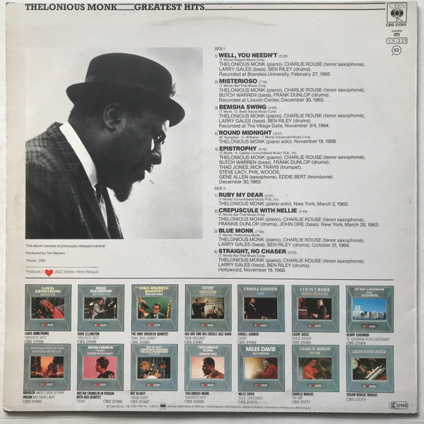 Thelonious Monk - Greatest Hits | CBS (CBS 21069) - 2
