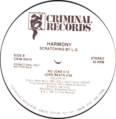 Harmony - Dance To The Drums / No Joke | Criminal Records (CRIM 00010) - 2