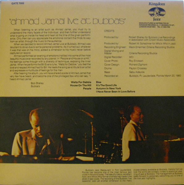 Ahmad Jamal - Live At Bubba's | Kingdom Jazz (GATE 7002) - 2 Ahmad Jamal - Live At Bubba's | Kingdom Jazz (GATE 7002) - 2