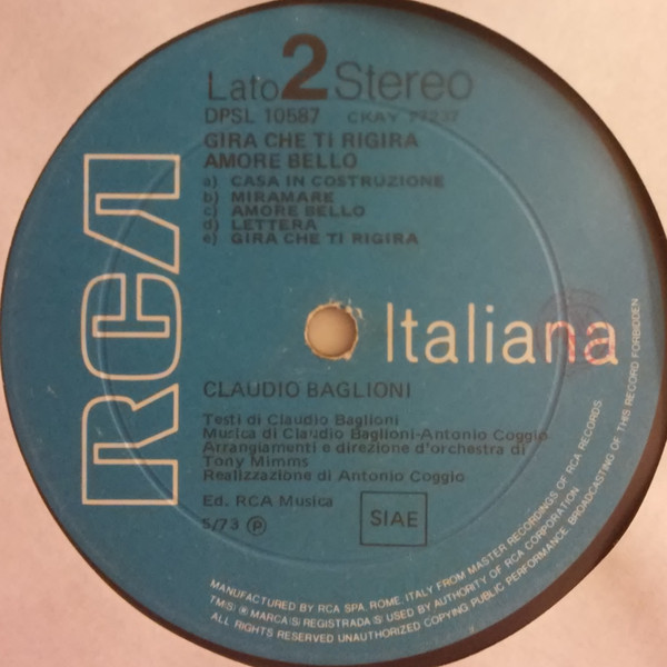 Claudio Baglioni - Gira Che Ti Rigira Amore Bello | RCA (DPSL 10587) - 4