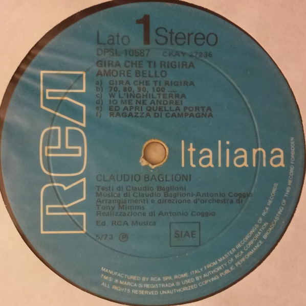 Claudio Baglioni - Gira Che Ti Rigira Amore Bello | RCA (DPSL 10587) - 3