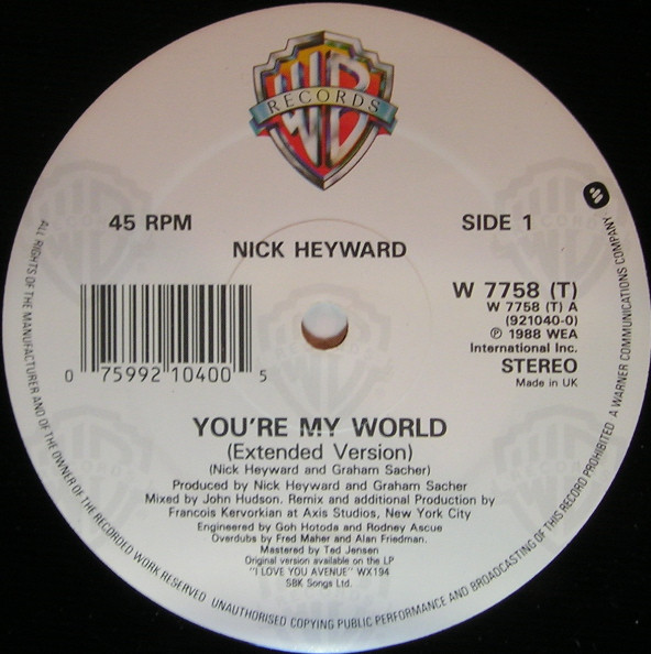 Nick Heyward - You're My World | Warner Bros. Records (921040-0)