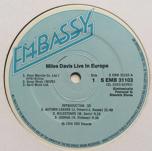 Miles Davis - Live In Europe | Embassy (EMB 31103) - 3