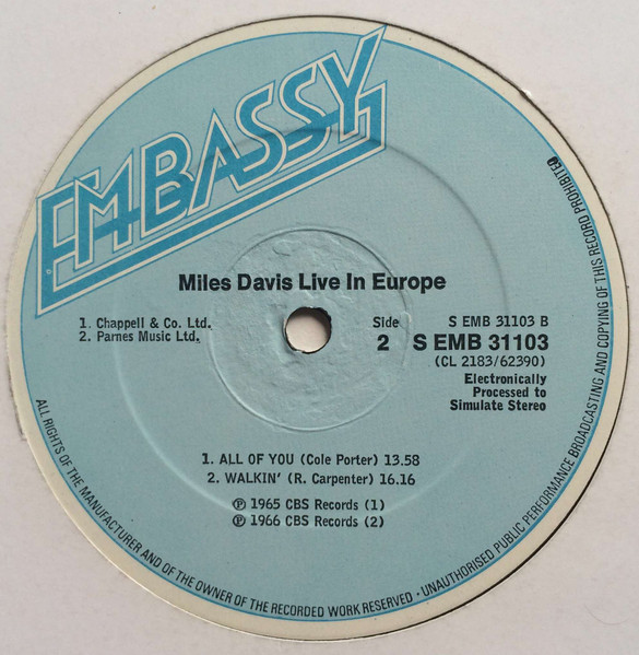 Miles Davis - Live In Europe | Embassy (EMB 31103) - 4