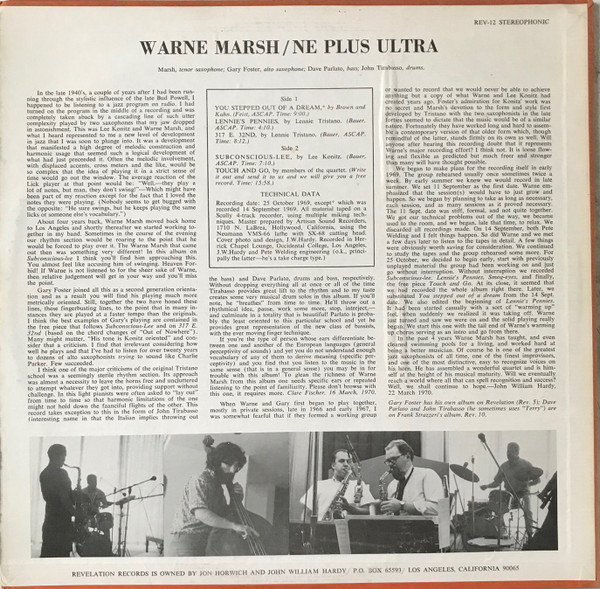 Warne Marsh - Ne Plus Ultra | Revelation Records (REV-12) - 2 Warne Marsh - Ne Plus Ultra | Revelation Records (REV-12) - 2