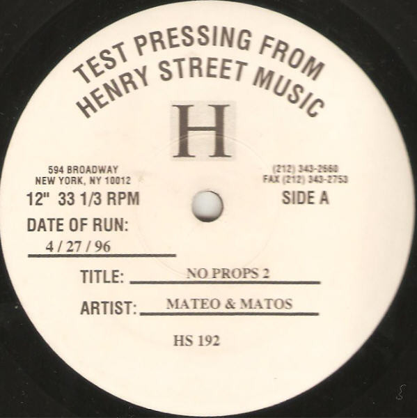 Mateo & Matos - No Props 2 | Henry Street Music (HS 192) - main