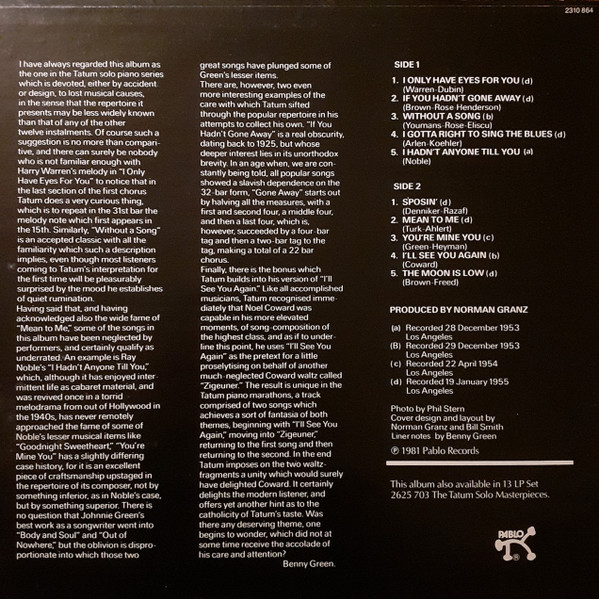 Art Tatum - The Tatum Solo Masterpieces, Vol. 11 | Pablo Records (2310 864) - 2