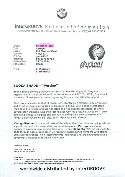 Booka Shade - Vertigo / Memento | Get Physical Music (gpm019-6)