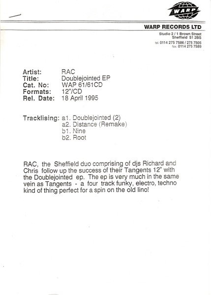 RAC - Doublejointed EP | Warp Records (WAP61) - 5 RAC - Doublejointed EP | Warp Records (WAP61) - 5
