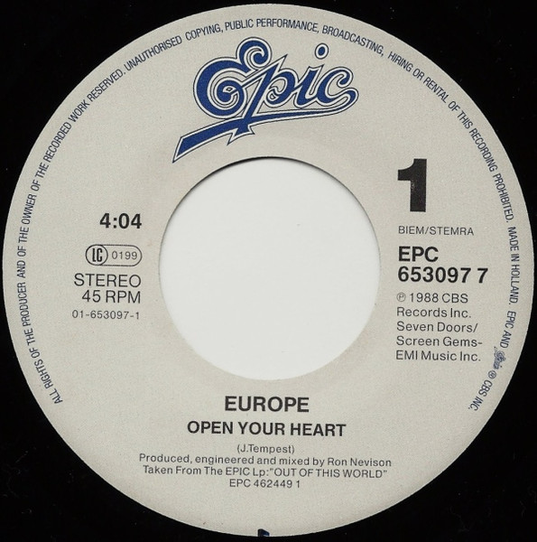 Europe - Open Your Heart | Epic (EPC 653097 7) - 3