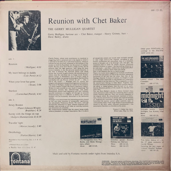 Gerry Mulligan Quartet - Reunion With Chet Baker | Fontana (688 123 ZL) - 2 Gerry Mulligan Quartet - Reunion With Chet Baker | Fontana (688 123 ZL) - 2