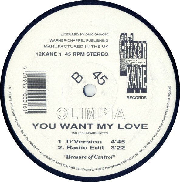 Olimpia - You Want My Love | Citizen Kane Records (12KANE1) - 2