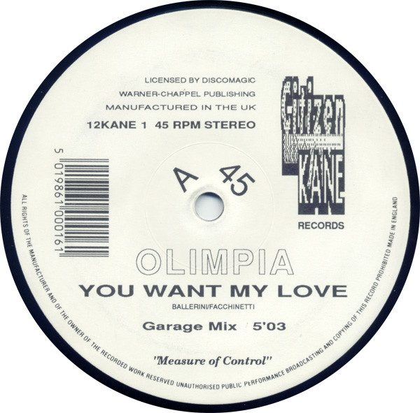 Olimpia - You Want My Love | Citizen Kane Records (12KANE1) - main