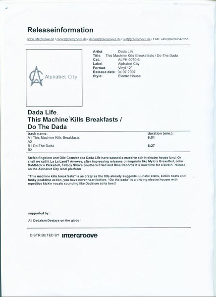 Dada Life - This Machine Kills Breakfasts / Do The Dada | Alphabet City (ALPH 0070-6) - main