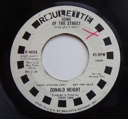 Donald Height - Song Of The Street / You're Too Much | Roulette (R-4658)