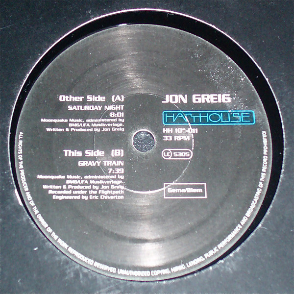 Jon Greig - Saturday Night | Harthouse (HH 10"-011)