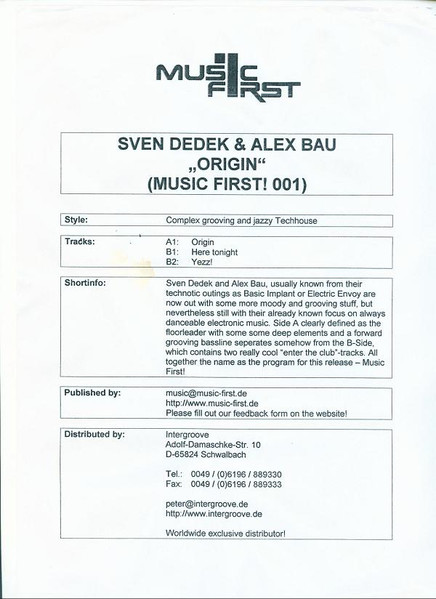 Sven Dedek & Alex Bau - Origin | Music First (MUSIC FIRST! 001)