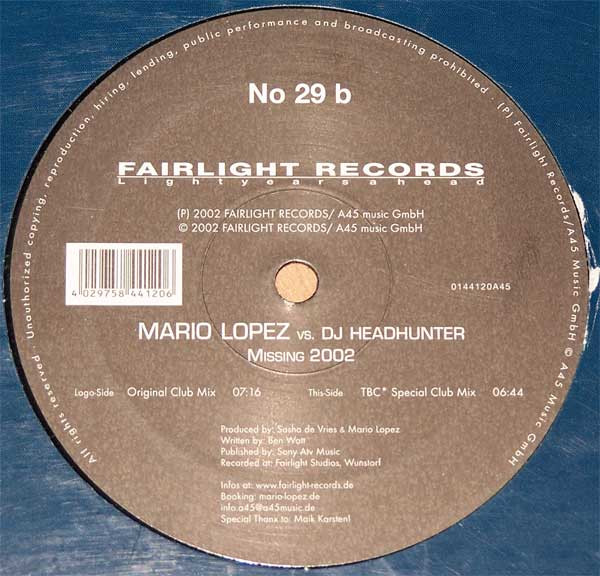 Mario Lopez vs. DJ Headhunter - Missing 2002 | Fairlight Records (No 29 b)