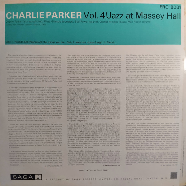 Charlie Parker - Vol 4 'Jazz At Massey Hall' | Saga Eros (ERO 8031) - 2 Charlie Parker - Vol 4 'Jazz At Massey Hall' | Saga Eros (ERO 8031) - 2