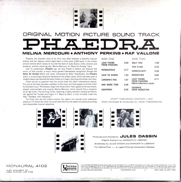 Mikis Theodorakis - Original Motion Picture Soundtrack - Phaedra | United Artists Records (UAL 4102) - 2