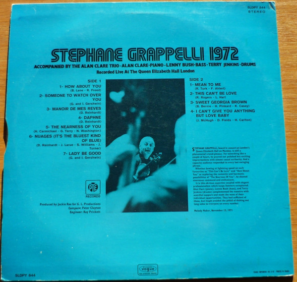 Stéphane Grappelli - Stéphane Grappelli 1972 Recorded Live At The Queen Elizabeth Hall London | Pye Records (SLDPY 844) - 2