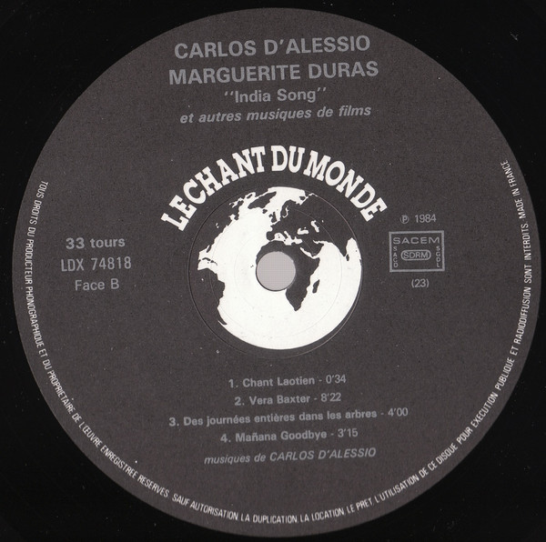 Carlos D'Alessio / Marguerite Duras - India Song Et Autres Musiques De Films | Le Chant Du Monde (LDX 74818) - 4